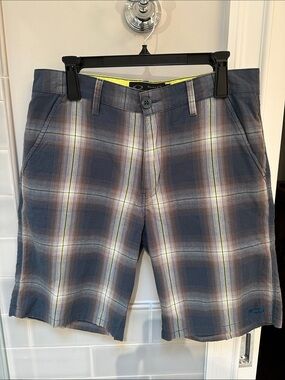 Oakley Men’s Navy Plaid Shorts with Khaki and Lime Accents inside shorts